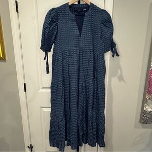 English Factory Blue Textured Midi Dress Puff Sleeve Tie Detail Size M